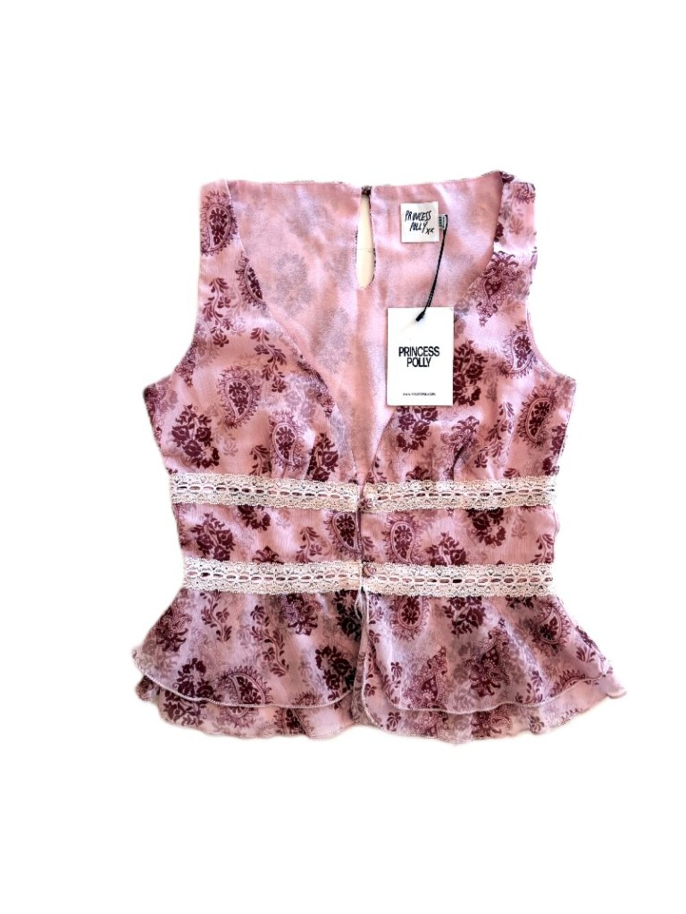 NWT Princess Polly Pink Paisley Lace Trim Peplum Top US 4 Satin Boho Y2K